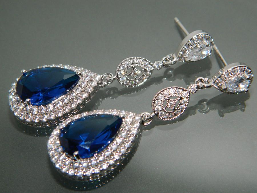 زفاف - Bridal Royal Blue Chandelier Earrings Navy Blue CZ Wedding Earrings Dark Blue Silver Earrings Bridal Jewelry Blue CZ Halo Crystal Earrings - $35.90 USD