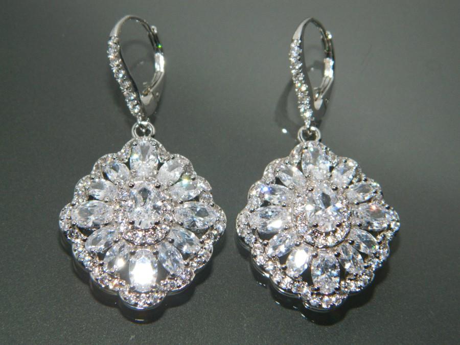 Hochzeit - Bridal Cubic Zirconia Earrings Crystal Chandelier Earrings Large CZ Wedding Earrings Crystal Sparkly Halo Dangle Earrings Prom Jewelry - $35.00 USD