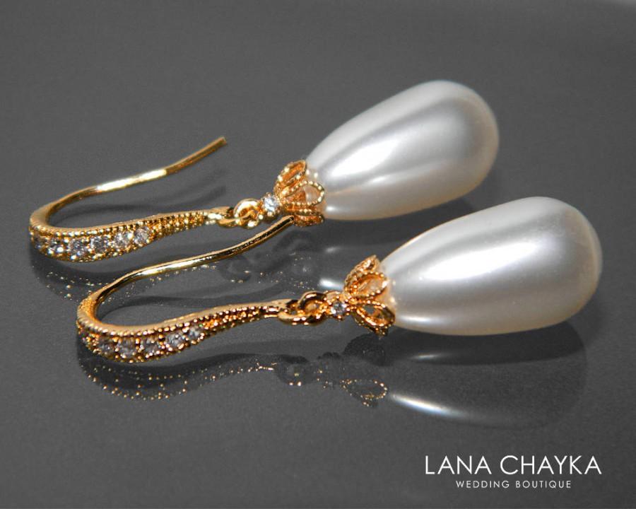 Свадьба - Wedding White Teardrop Pearl Earrings Swarovski Pearl Bridal Earrings White Pearl Cz Gold Earrings Bridal Pearl Jewelry Bridesmaids Jewelry - $26.50 USD