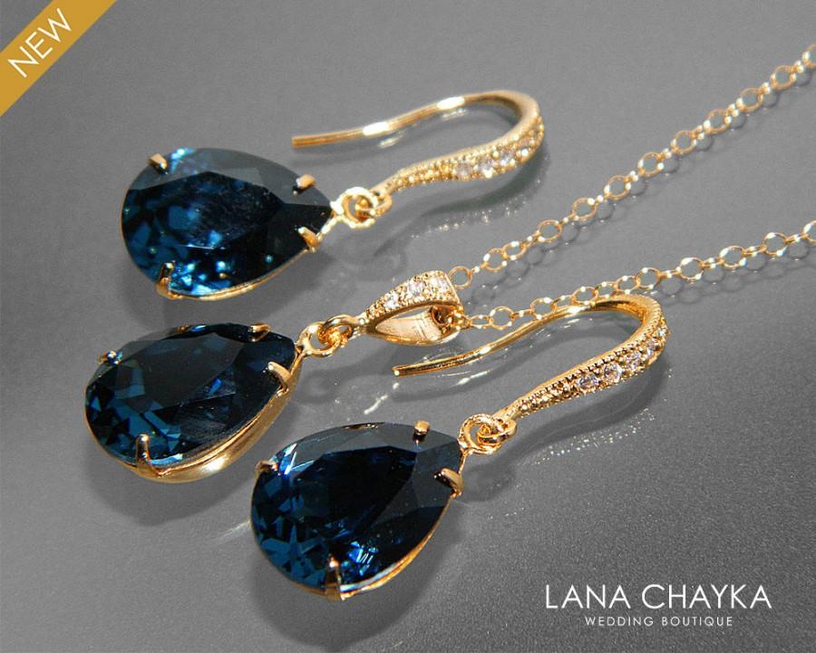 Hochzeit - Navy Blue Gold Jewelry Set Dark Blue Earrings&Necklace Bridal Set Swarovski Montana Blue Gold Jewelry Set Prom Jewelry Bridesmaid Jewelry - $25.00 USD