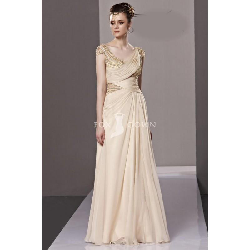 Wedding - Neue Champagner eine Linie breiten V-Ausschnitt Chiffon Abendkleid mit plissierten Mieder - Festliche Kleider 
