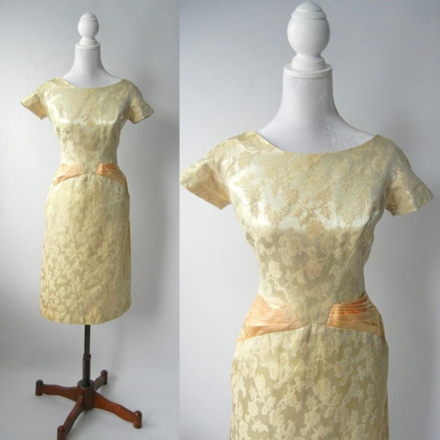 زفاف - Vintage 1950s Dress, Gold Satin Vintage Dress, Retro 50s Cocktail Dress, 50s Gold Wedding Dress, Satin Damask 1950 Wiggle Dress, 50s Pin Up