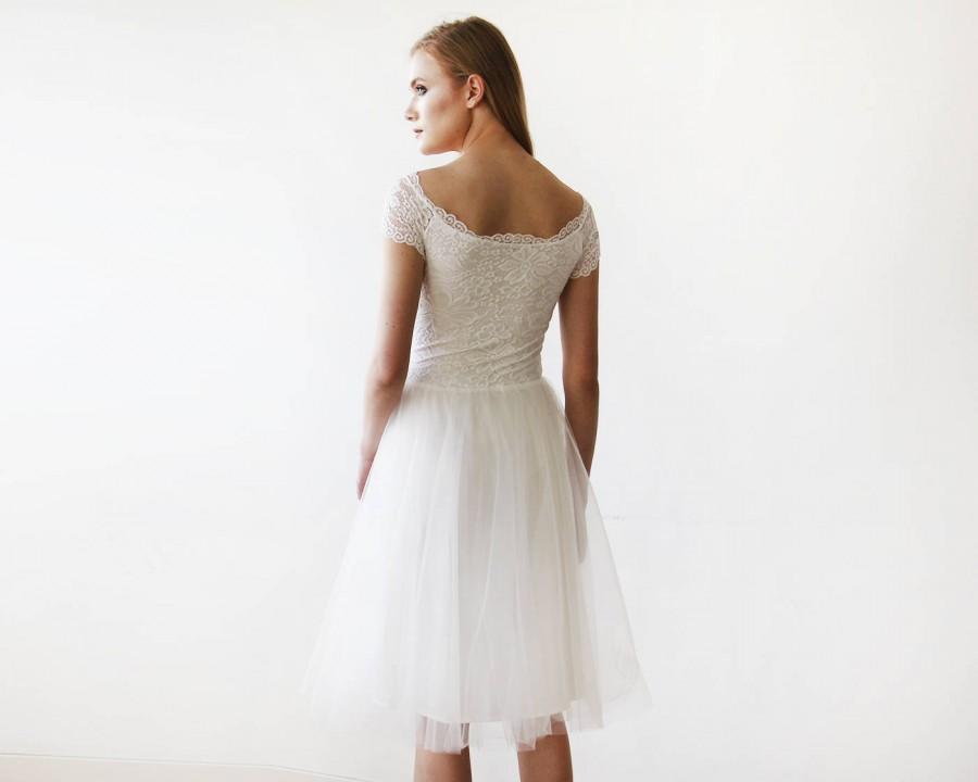 زفاف - Ivory Off-the-Shoulders Tulle & Lace Midi Short Sleeves Dress 1153