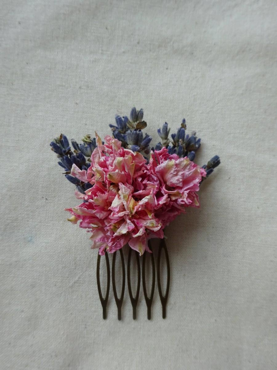 Mariage - Stunning small pink Delphinium and Lavender Dried Flower Hair Comb- Handmade, Bridal, Wedding, Rustic, Natural hair piece, Bridesmaid