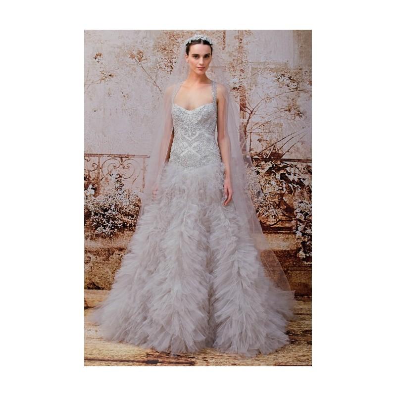 Hochzeit - Monique Lhuillier - Fall 2014 - Violet Sleeveless Dropped Waist Gray Tulle Ball Gown Wedding Dress with a Beaded Bodice - Stunning Cheap Wedding Dresses