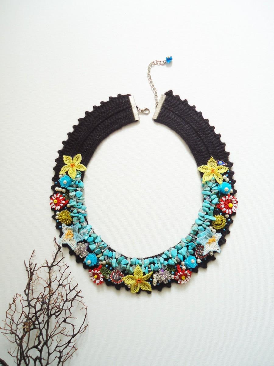 Wedding - Black Collar Necklace, Floral Necklace, Turkish Traditional Laces, Handmade Necklace, Floral Collar Necklace, Turquoise Necklace with flower