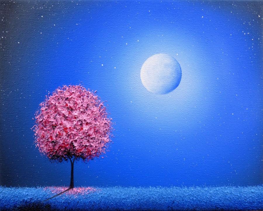 Wedding - Art Print of Landscape Painting, Pink Tree Art, Wall Art, Whimsical Tree Print, Gift Ideas, Giclee Print of Moon on Blue Night Dreamscape