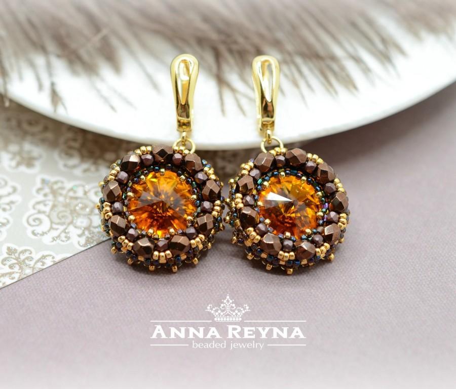 Hochzeit - Beaded earrings - seed bead earrings - swarovski earrings - brown earrings - chocolate earrings - crystal earrings - chandelier earrings