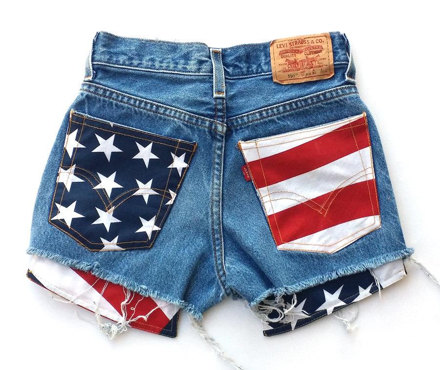 Hochzeit - Levis Vintage High Waisted Cut off Jean Shorts American Flag Patched Shorts, Patriotic 4th of July, Stars and Stripes, Team USA Shorts
