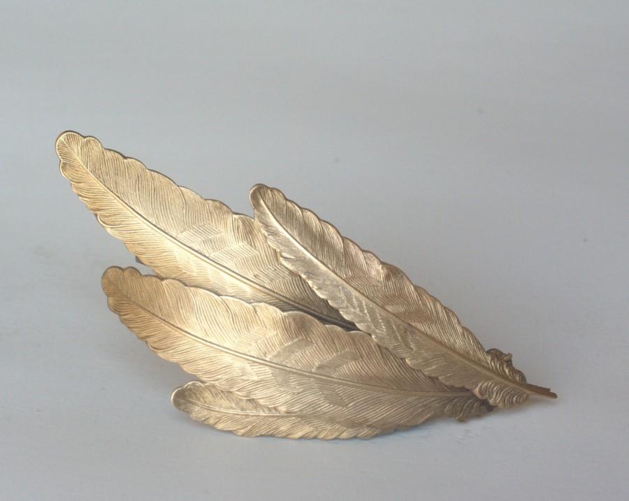 Mariage - Feather hair clip brass barrette plume vintage style wedding hair accessory bridal large