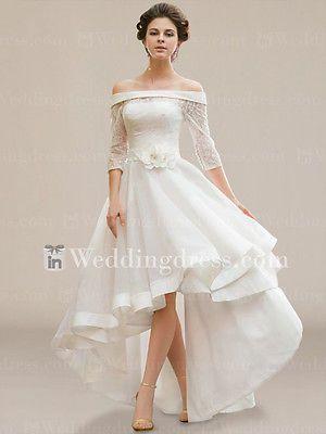 زفاف - Ivory Hi-lo Plus Size Wedding Dress A-line Half Sleeve Off-shoulder Chiffon/lace