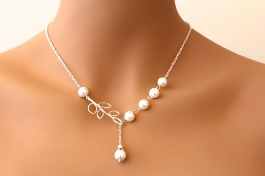 زفاف - Wedding Jewelry, Swarovski Pearl Branch Necklace, Leaf Branch Pearl, Sterling Silver Necklace, Bridesmaid Gifts, Lariat Necklace, SERENA