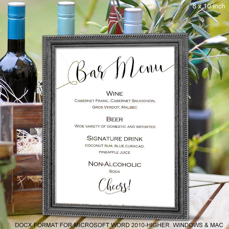 Hochzeit - Wedding bar menu sign, Printable, bar menu, template, instant download, sign for wedding, S2