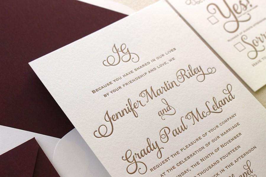 Свадьба - The Cranberry Suite - Classic Letterpress Wedding Invitation Sample - Gold, Deep Red Liner, Formal, Simple, Traditional, Monogram, burgundy