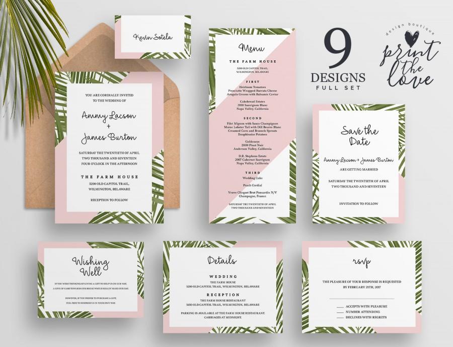Tropical Wedding Invitation Suite Modern Invitation Set Minimal Watercolor Palm Invites Instant Download #003 Printable Invitation Set
