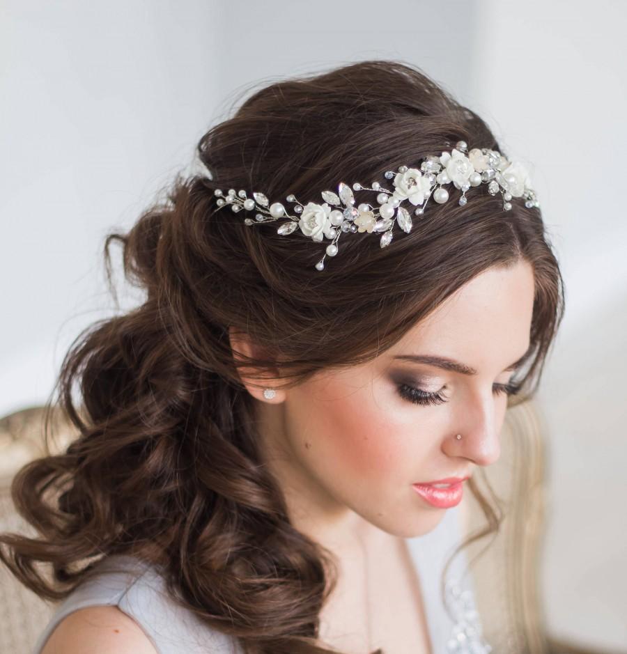 Wedding - Bridal hair vine floral bridal tiara wedding diadem pearl hair vine crystal wedding tiara