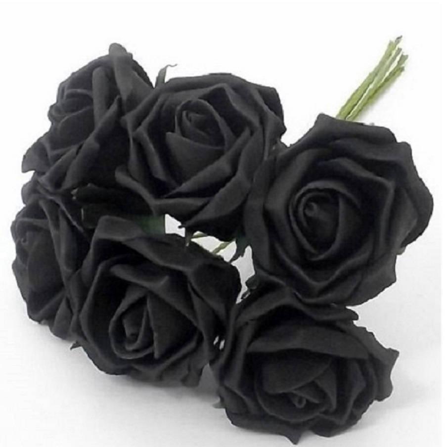 زفاف - 6 Large BLACK Artificial Colourfast Foam Flower Wired Roses for Wedding, Decoration, Corsages, Table Arrangement & Millinery Craft
