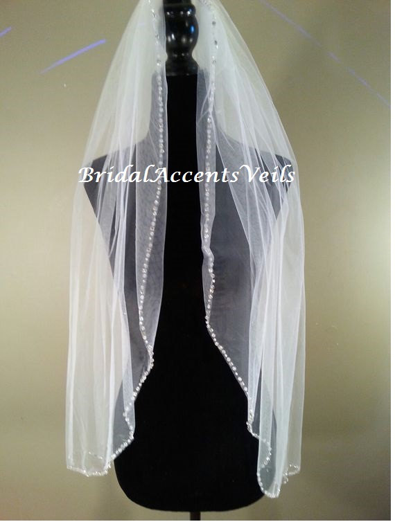 Wedding - 1T Single Layer Fingertip Length Swarovski Rhinestone & Crystal Beaded Edge Wedding Bridal Veil in White, Diamond White or Ivory