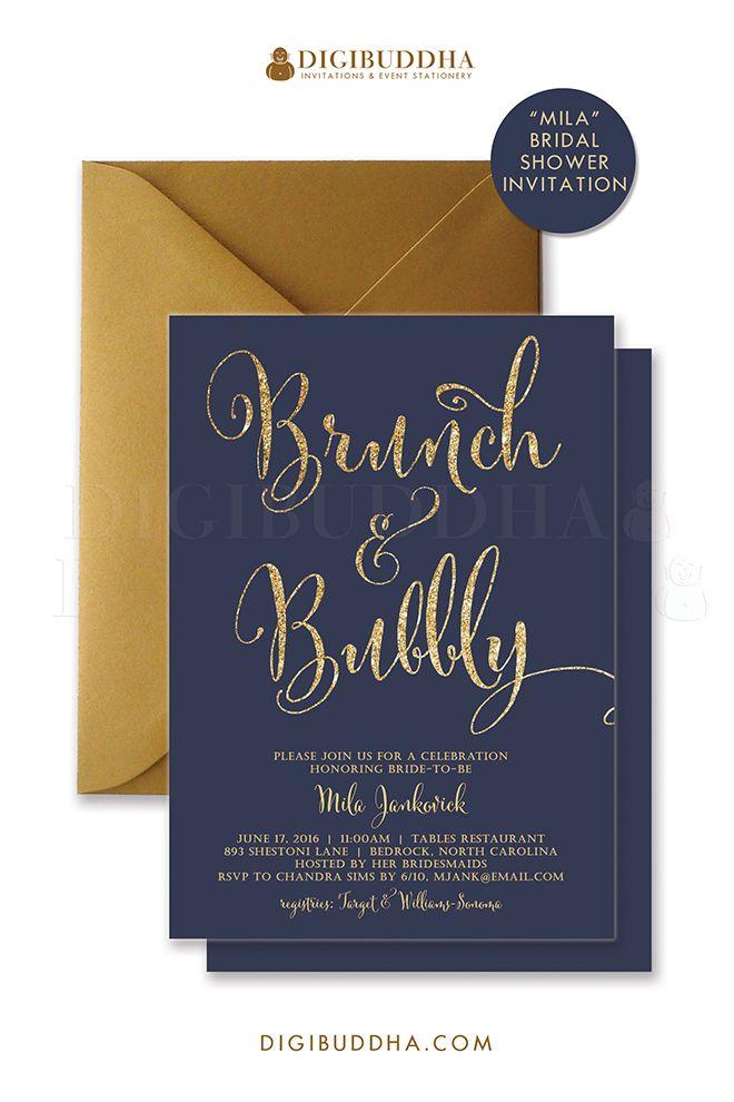 Hochzeit - BRUNCH & BUBBLY INVITATION Bridal Shower Invite Navy Blue And Gold Glitter Calligraphy Modern Classic Free Shipping Or DiY Printable- Mila