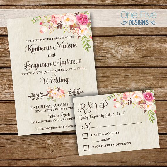 Hochzeit - Watercolor Flowers Wedding Invitation With Response Card, Watercolor Flowers On Wood - Printable