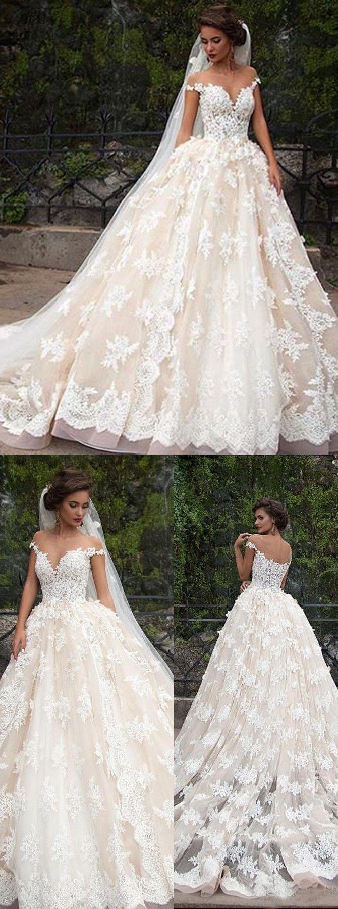 زفاف - Glamorous Jewel Cap Sleeves Court Train Wedding Dress With Lace Top