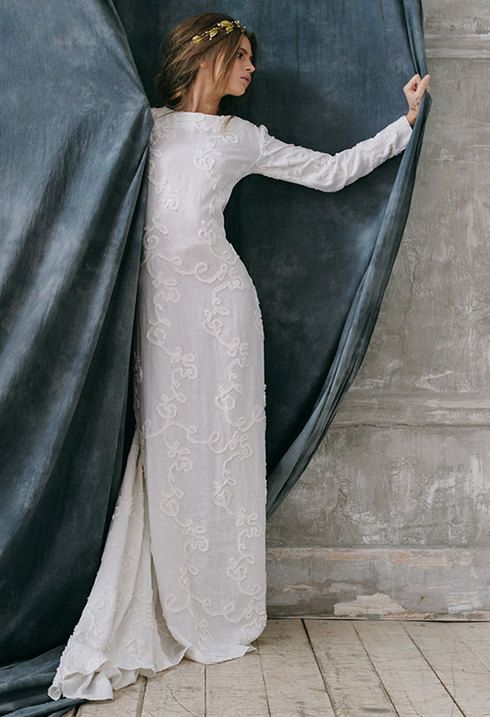 Свадьба - Razia / Bohemian Rustic Wedding Dress Of Natural Fabric-linen Alternative Long Sleeves Bridal Gown Boho Wedding Dress Low Back With Sleeves