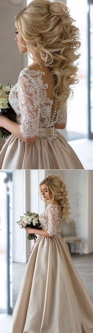 Свадьба - Champagne A-line 1/2 Sleeves Wedding Dress With Pearls Appliques From Tidetell