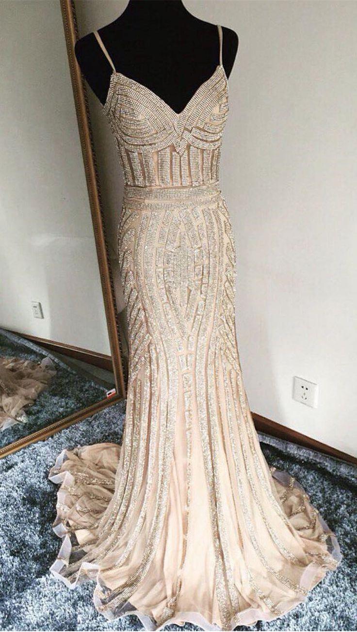 Hochzeit - Mermaid Spaghetti Straps Sweep Train Champagne Stretch Satin Prom Dress With Beading