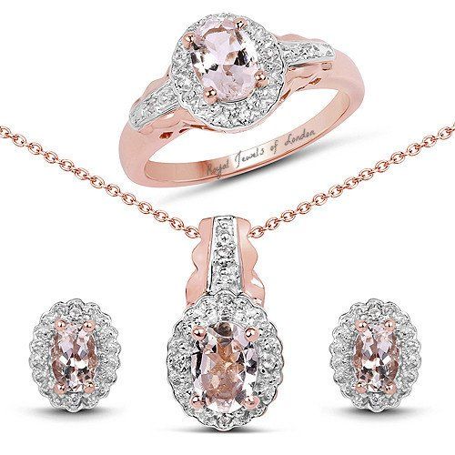 زفاف - 14K Rose Gold Ethically Mined Natural Peach Morganite Diamond Halo Engagement Ring Pendant Earrings Set