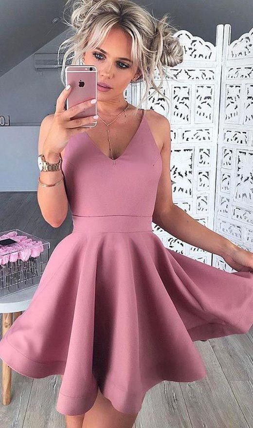 Mariage - A-Line V-Neck Sleeveless Short Blush Satin Prom Homecoming Dress Sold By Dressthat