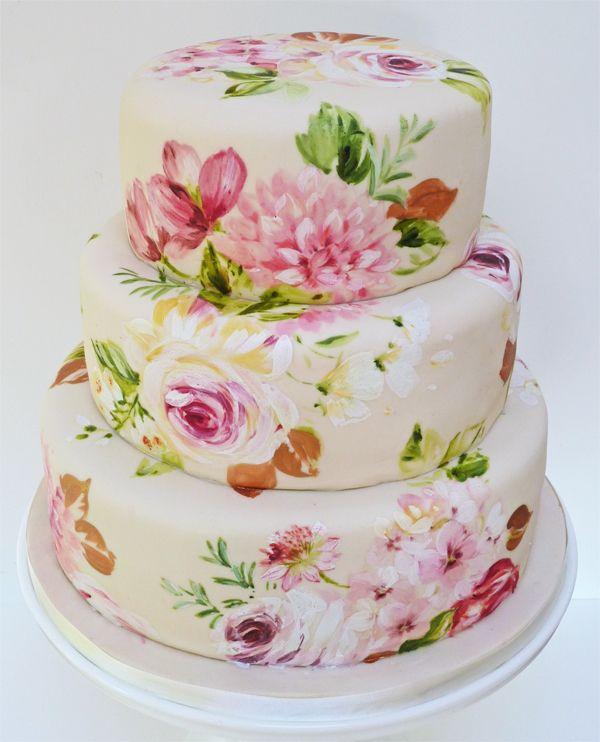 Hochzeit - Floral Painted Wedding Cake
