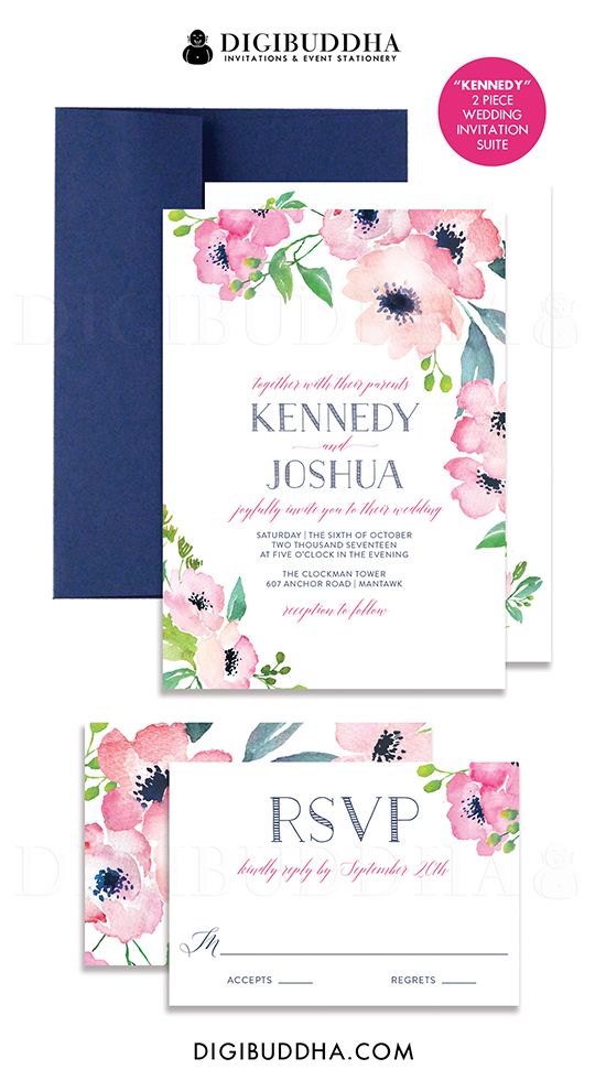 Hochzeit - FUCHSIA & NAVY WATERCOLOR Flowers Wedding Invitation And RSvP Boho Floral 2 Pc Suite Blush Pink Blue Free Priority Shipping Or DiY- Kennedy