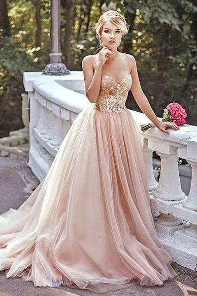 Hochzeit - AH026 New Arrival Modest Blush Pink Spaghetti Straps Tulle Evening Dresses 2017