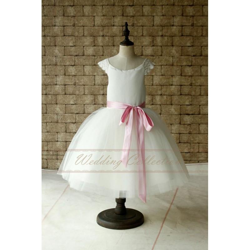 Mariage - Lace Straps Neckline Tutu Flower Girl Dress Tea Length Light Pink Sashed - Hand-made Beautiful Dresses
