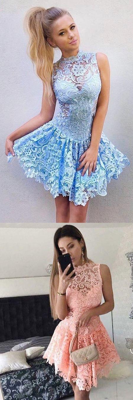 زفاف - A-Line Scalloped-Edge Sleeveless Dropped Pink/Blue Lace Homecoming Cocktail Dress Sold By Dressthat