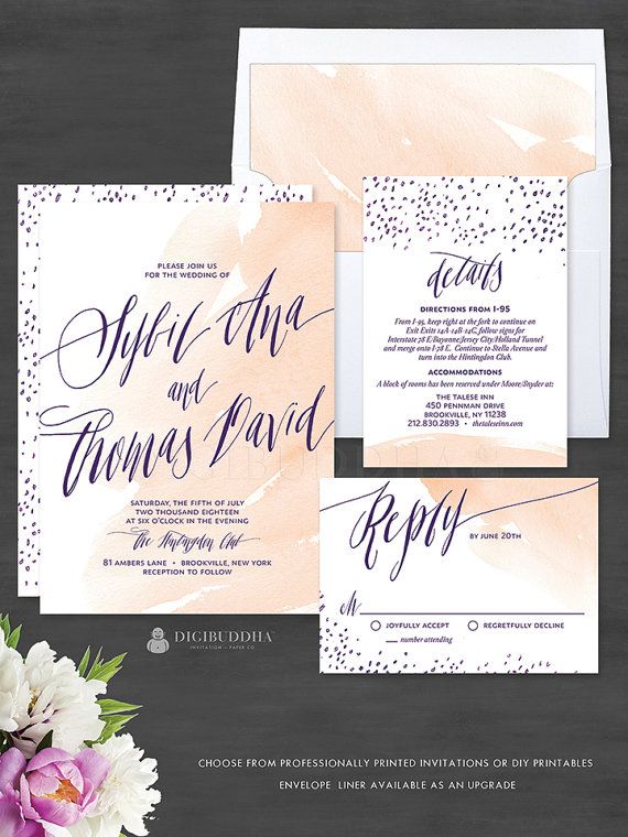 Wedding - Watercolor Wedding Invitations 3 Piece Invitation Set Romantic Elegant Wedding Invitation Suite Wedding Invites RSVP & Details Cards - Sybil