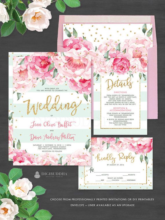Mariage - Striped WATERCOLOR FLORAL Wedding Invitation 3 Pc Wedding Invitation Set Romantic Wedding Invitation Suite Wedding Invites RSVP Set - Jenn