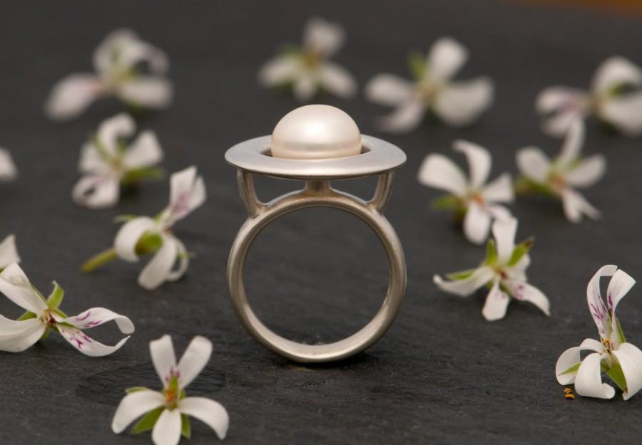 Свадьба - Pearl Ring - White Pearl Ring set in Sterling Silver - Pearl Silver 'Halo' Ring - Made to Order - FREE SHIPPING