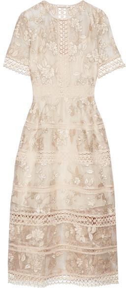 Mariage - Zimmermann - Lace-trimmed Embroidered Silk-organza Midi Dress - Off-white