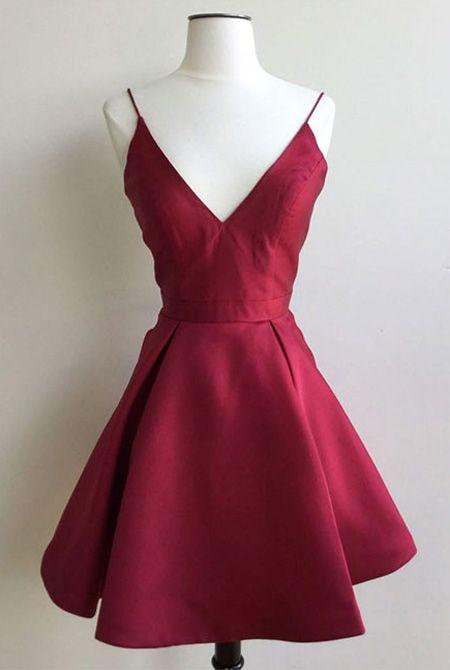 زفاف - Simple A-Line V-Neck Burgundy Short Satin Homecoming Dress Sold By Dressthat