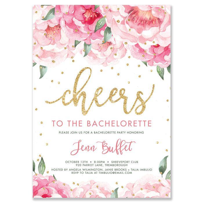 Wedding - "Jenn" Pink Blooms   Gold Bachelorette Invitation