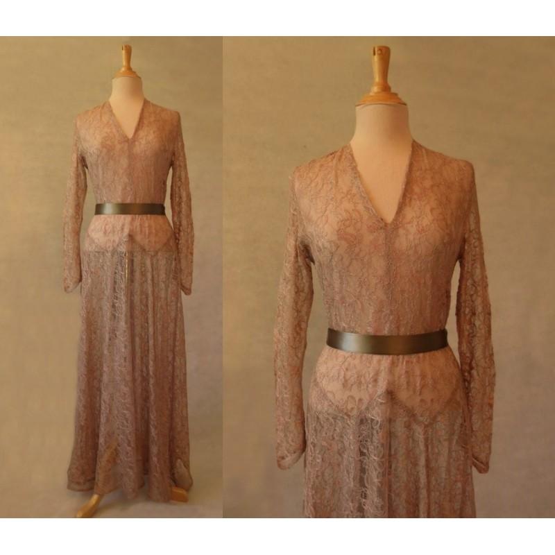 Wedding - Long Coffee Silk Lace Dress, Wedding Dress - 1930s - Hand-made Beautiful Dresses