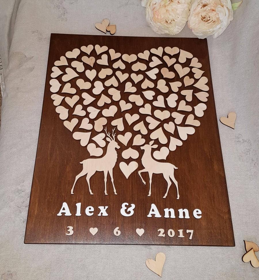 Hochzeit - Wedding Guest Book  Deer Buck and Doe Alternative Wedding  Wood Guest Book Rustic Wedding Guestbook  Hearts Wedding 3D Guest Book