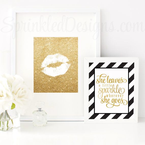 Wedding - Gold Glitter Kiss, Gold Glitter Lips Print - Printable Bachelorette, Bridal Shower, Makeup Vanity Decor, 8x10 Sign, Wall Art, Dorm Decor