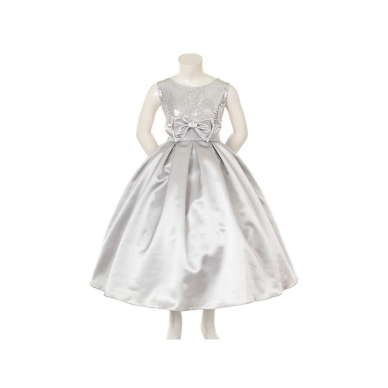 Mariage - Silver Sequins Bodice w/Satin Skirt & Rhinestone Double Bow Pin Style: D3820 - Charming Wedding Party Dresses