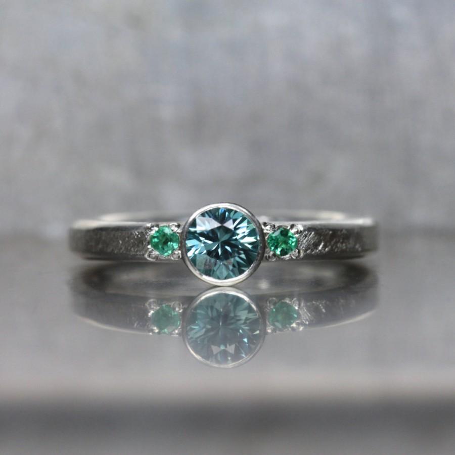 Hochzeit - Blue Zircon Emerald Engagement Ring Silver Mermaid Ocean Colored Genuine Gemstones Underwater Fairy Tale Women's Bridal Band - Meerjungfrau