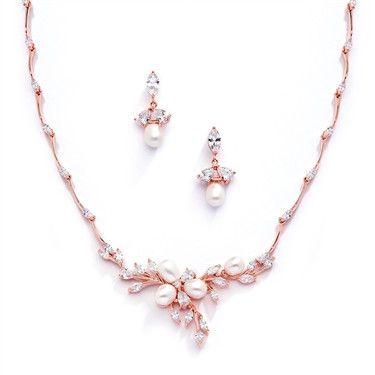 زفاف - Vintage 14K Rose Gold Freshwater Pearl & CZ Necklace & Earring Set
