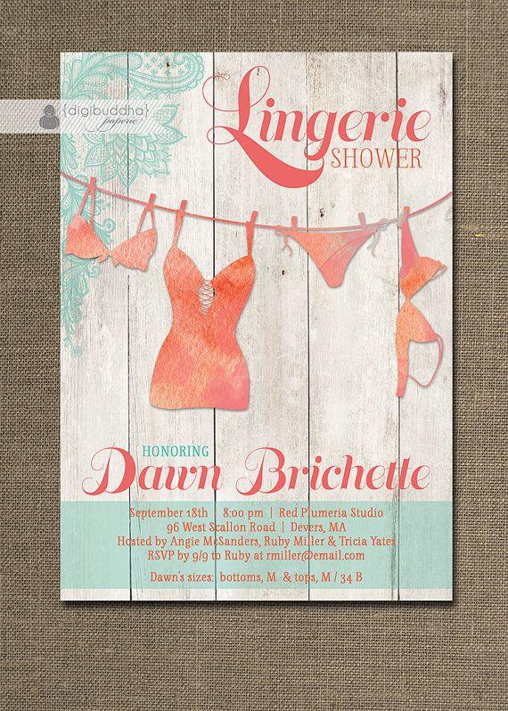 Mariage - Beach Lingerie Shower Invitation Lace Pink Teal Orange Wood Shabby Chic Rustic FREE PRIORITY SHIPPING Or DiY Printable - Dawn