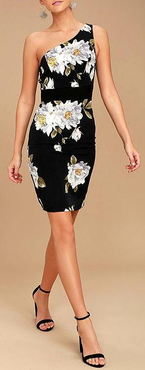 زفاف - Save Me A Dance Black Floral Print One Shoulder Dress