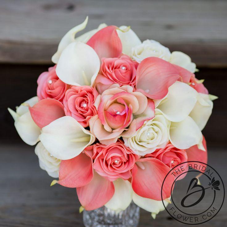 Hochzeit - Coral And Ivory Calla Lily Roses Bouquet